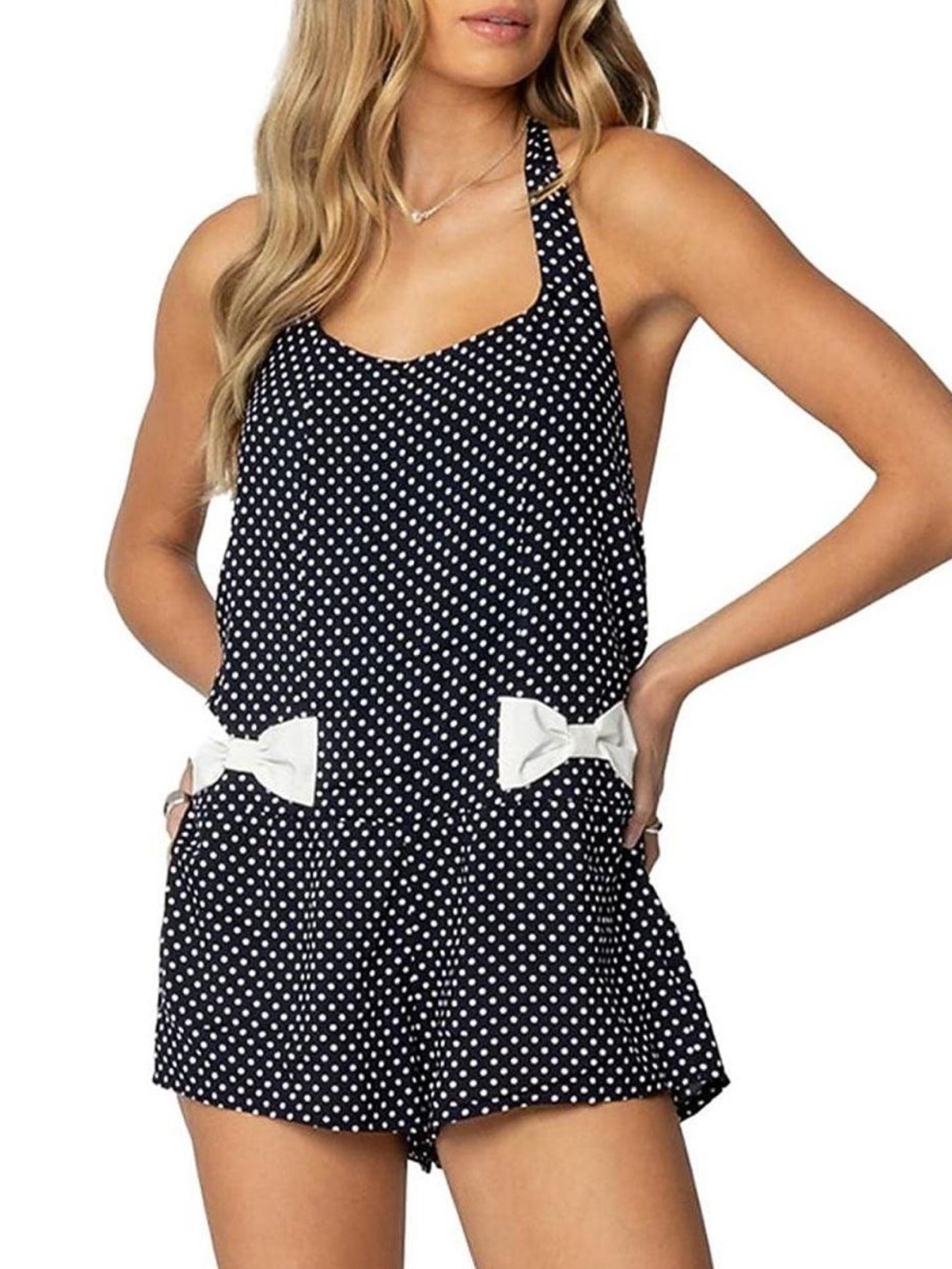 Klesis Navy Polka Dot Halter Romper with White Bow Accents
